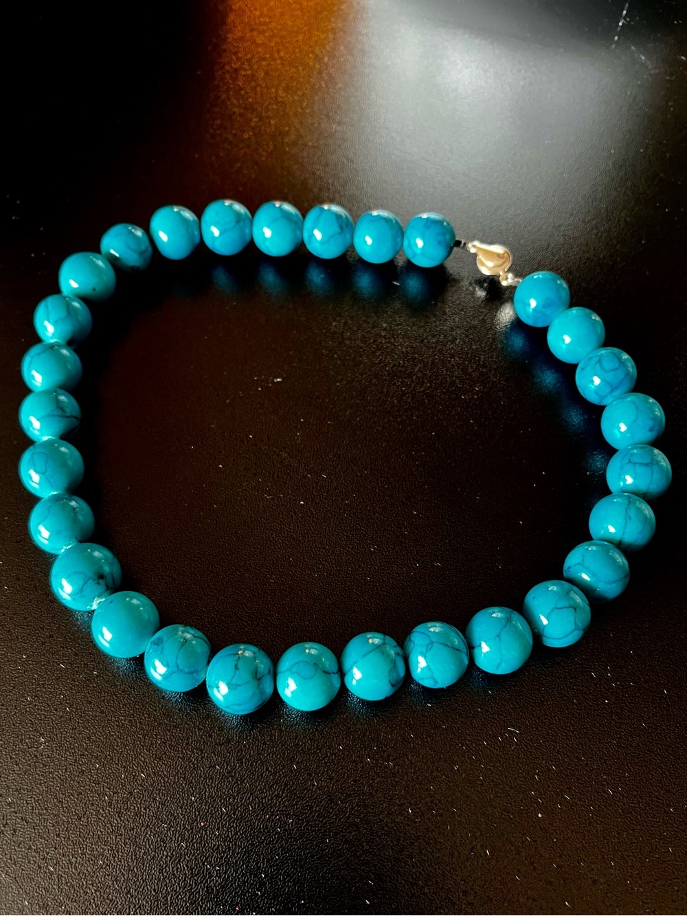 Vintage Turquoise Bead Strand Choker Necklace - Bright Blue Marbled Stone Beads